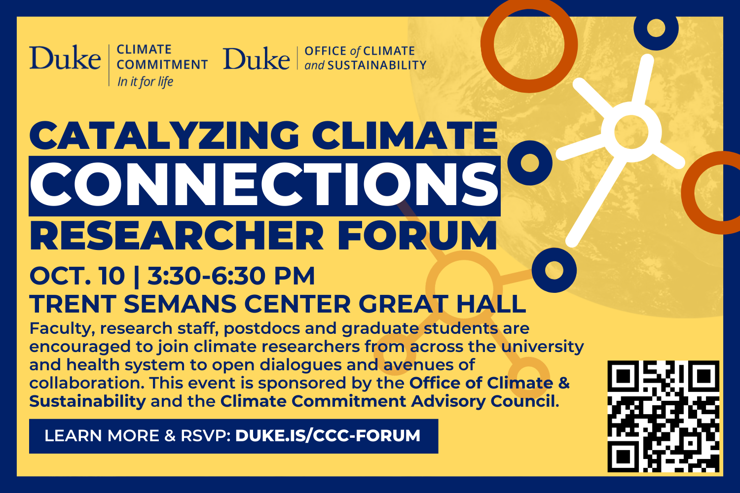 Catalyzing Climate Connections Researcher forum with basic event details, a QR code and spoke and hub connector graphics.